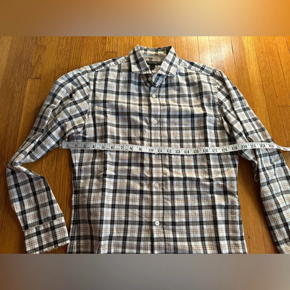 Banana Republic Tan & Cream Plaid Linen & Cotton Tailored Slim Fit Button-Up, S